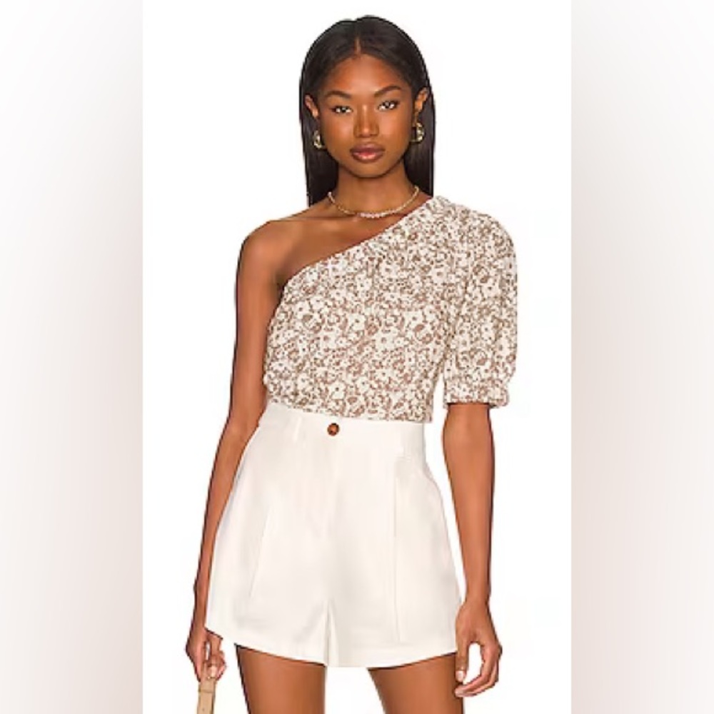 Rails Fitted Asymmetrical Puff Sleeve Blouse in White and Brown